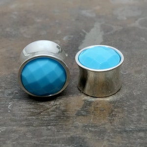 Handmade Turquoise Quartz Sterling Silver Ear Plugs: Faceted Double Flare