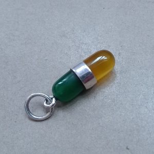 Gemstone Pill Capsule Pendant: Sterling Silver Charm, Green Onyx & Yellow Chalcedony