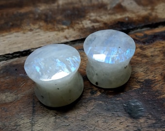 Rainbow Moonstone Honeycomb Ear Plugs: Double Flared Earlobe Earrings