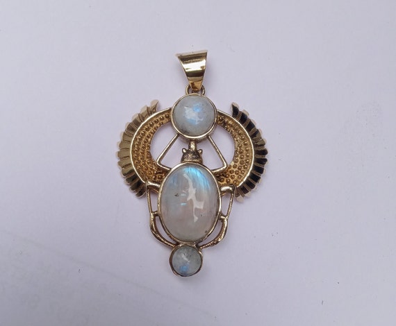 Sterling Silver Moonstone Scarab Pendant: Egyptian Beetle Charm