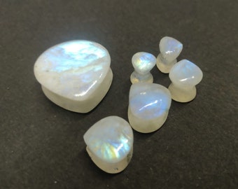 Handmade Rainbow Moonstone Heart Ear Plugs: Double Flared Gauges