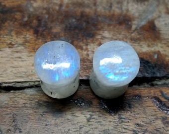 Single Piece Handmade Rainbow Moonstone Ear Plug: Double Flared Gauge