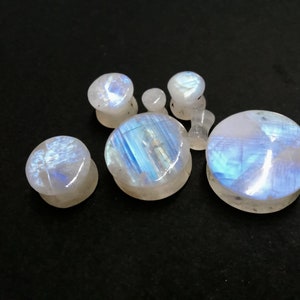 Best Quality Natural Rainbow Moonstone Smooth Circle Earplugs, Blue Flash Moonstone Plugs Earrings, White Moonstone Earlobe Earrings, gauges image 4