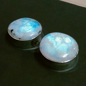 Rainbow Moonstone Sterling Silver Ear Plugs: Double Flare Gauges