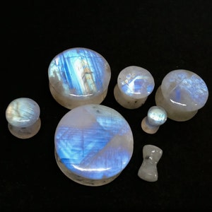 Best Quality Natural Rainbow Moonstone Smooth Circle Earplugs, Blue Flash Moonstone Plugs Earrings, White Moonstone Earlobe Earrings, gauges image 1