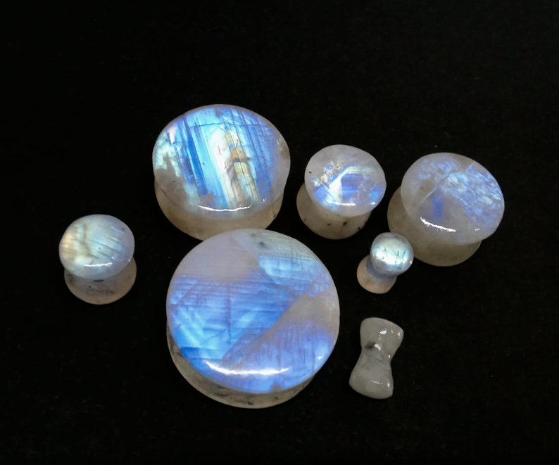 Best Quality Natural Rainbow Moonstone Smooth Circle Earplugs, Blue Flash Moonstone Plugs Earrings, White Moonstone Earlobe Earrings, gauges image 1