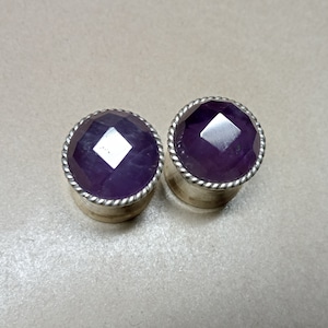 Pair Of Natural Amethyst Honeycomb Cut Circle 925 Sterling Silver Ear Plugs, Double Flare Gauge Earplug, Handmade Plugs, 14G (3mm) to Custom