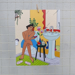 Mädchen im Badezimmer Illustration Kunstwerk | A5, A4, A3 Größenoptionen verfügbar