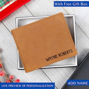 Cartera de cuero plegable con nombre personalizado, cartera de piel de vaca grabada personalizada, regalo para él, regalo del Día del Padre, papá, esposo, novio, hijo, regalo personalizado