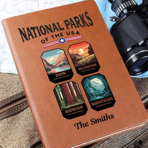 Diario de cuero personalizado de los parques nacionales de EE. UU.: regalo de parques nacionales para caminatas en la montaña, recuerdos de campamentos familiares, recuerdos de vacaciones Los 63 parques