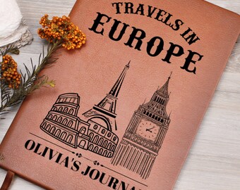 Diario de viaje personalizado en cuero por Europa, cuaderno de viaje personalizado, diario de aventuras, regalo, libro de recuerdos de viaje para él y ella, regalo de viaje A5
