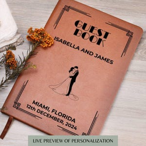 Art Deco Personalized Leather Wedding Guest Book, Custom Wedding Guestbook, Wedding Reception Signing Book Wedding Keepsake Unique Wedding