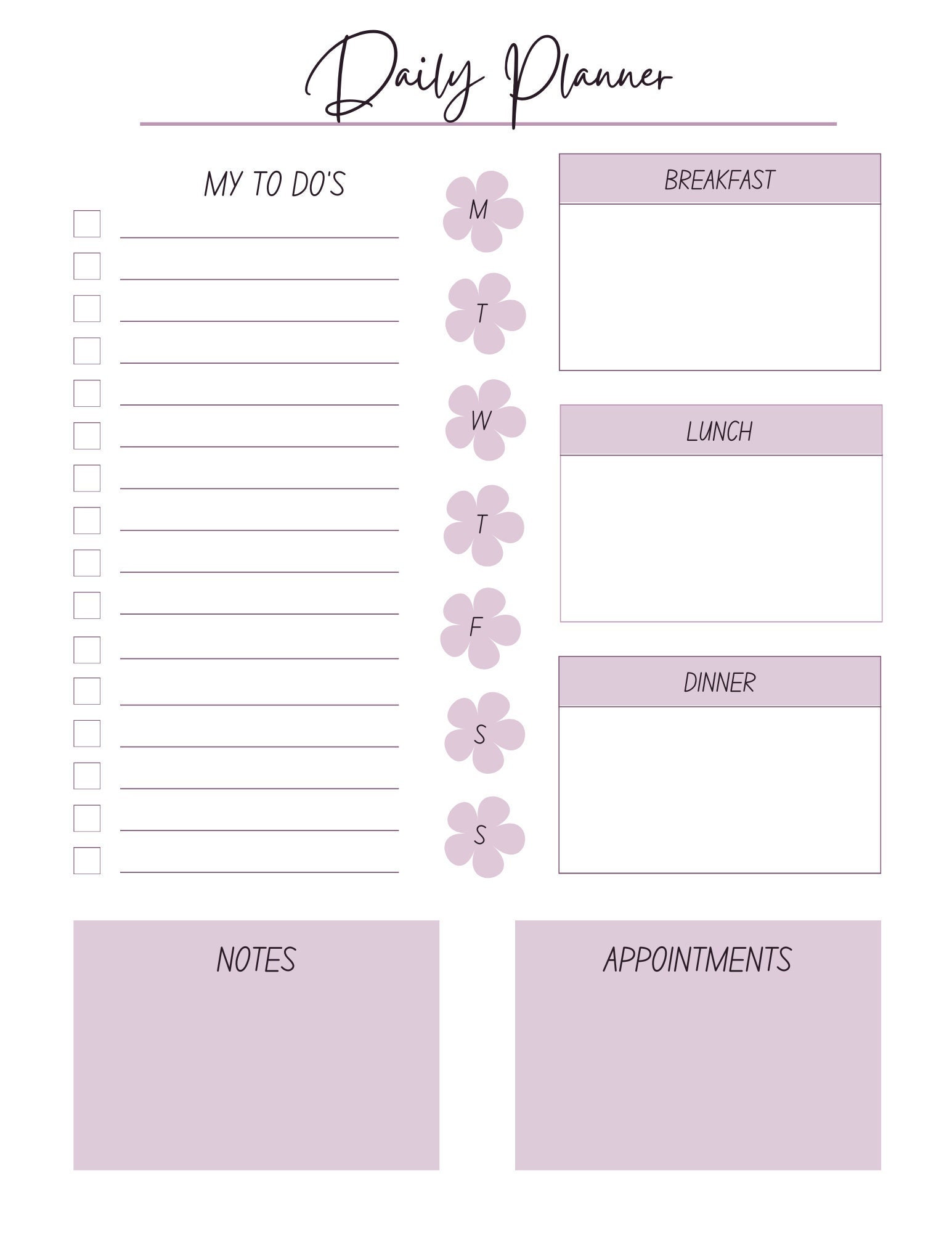 Printable purple daily planner, custom planner, daily calendar, instant  download, planner template, meal planning, binder pages, to do list