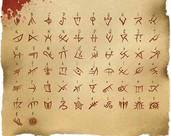 May include: A vintage-style parchment paper with the words "Cthulhu Text" in a dark red font. The paper features a complete alphabet of Cthulhu symbols in a dark red color.