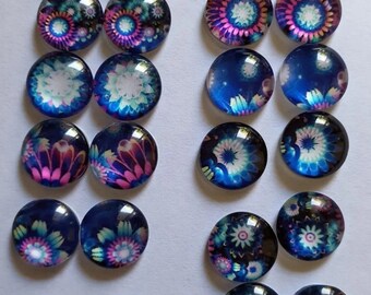 10 Stück 12mm (5 Mix Paare) Lila & Blau Muster Glas Runde Cabochons Flache Rückseite