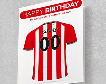 Tarjeta de cumpleaños personalizada del Sunderland AFC: diseño de camiseta de fútbol tamaño A5, nombre y número personalizados.