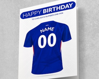Tarjeta de cumpleaños personalizada del Chelsea, tamaño A5, con diseño de camiseta de fútbol, nombre y número personalizados.