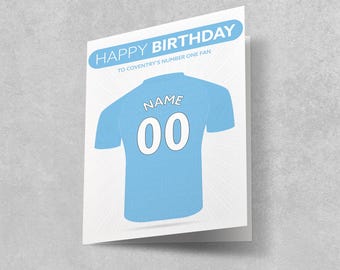 Tarjeta de cumpleaños personalizada con la camiseta de fútbol del Coventry City (10 x 15 cm)