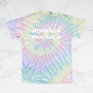 Gildan 5000 Tie Dye Mockup Hazy Rainbow Mockup Printify Mockup Gildan 5000 Spiral Hazy Rainbow Tie Dye Shirt Mockup Tie Dye Shirt Flat Lay