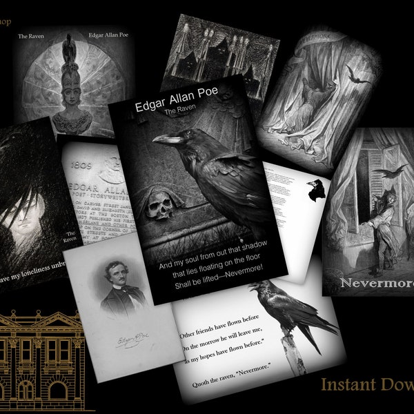 Edgar Allan Poe Gothic Literature Quote Wall Collage Kit, Poe Quote Goth Decor The Raven Nevermore, DIGITAL printable Set of 10