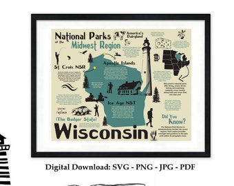 Wisconsin poster, Wisconsin nationale parken kaart, afdrukbare kaart, Wi National Park kaart, kunst aan de muur, Wisconsin geschenk, digitale download 2212