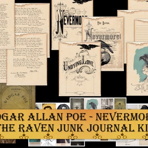 Edgar Allan Poe Nevermore The Raven Journal, Poe Junk Journal Supplies, Junk Journal Kit Collage Sticker Sheets, Goth Journaling DIGITAL