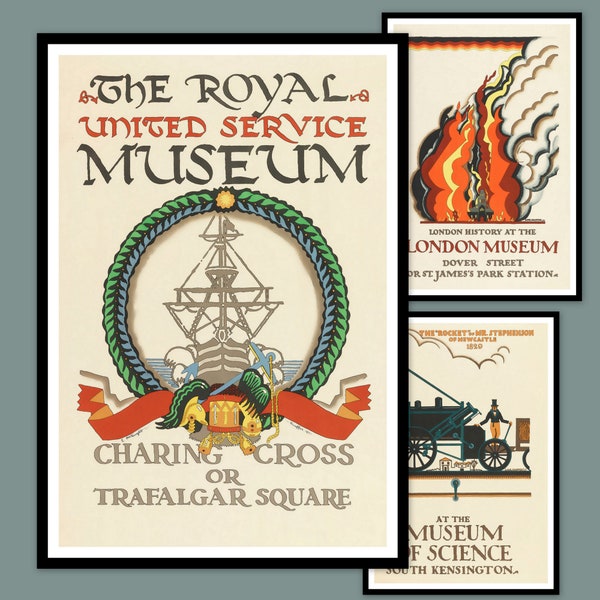 Affiche publicitaire de magazine rétro des années 1920, affiche publicitaire vintage du musée de Londres, ensemble académique de 3, cadeau d’histoire des sciences de l’art mural