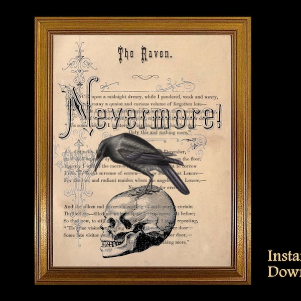Edgar Allan Poe Art Raven Nevermore Poem Poster, Raven on Skull, Book Lover Gift Halloween, Goth House Decor The Raven Nevermore DIGITAL