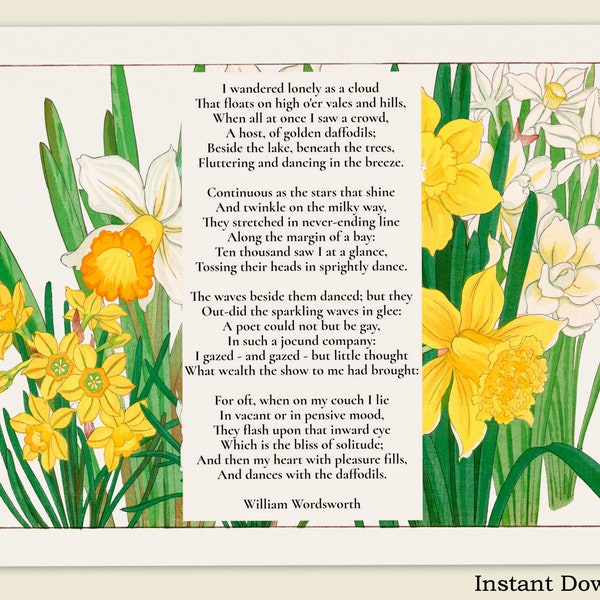 Daffodils Poem Poster,Easter Decorations,Easter Printables,Spring Printable Art,Quote William Wordsworth,Lyric Print,Poetry Print Digital