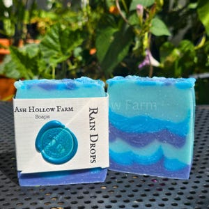 Rain Drops Artisan Soap: Notes of Fresh Air, Wisteria, Lily of the Valley, Hyacinth, and musk.