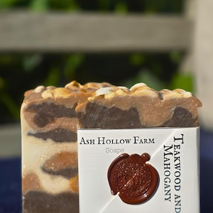 Mahogany and Teakwood Artisan Soap: Enjoy notes of Wood, Musk, Vanilla, Jasmine, Rose, Lily of the Valley, Green, Citrus, and Fruit