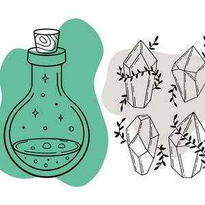 Puede incluir: Ilustraci&oacute;n lineal de una botella de poci&oacute;n con tap&oacute;n de madera y contenido brillante, junto a cuatro cristales con enredaderas frondosas. El fondo presenta formas org&aacute;nicas turquesas y grises.