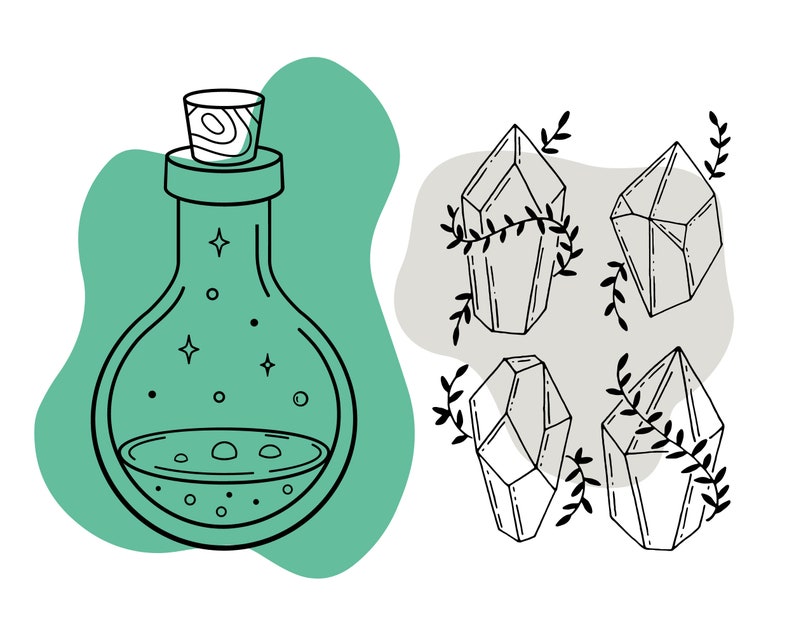 Puede incluir: Ilustraci&oacute;n lineal de una botella de poci&oacute;n con tap&oacute;n de madera y contenido brillante, junto a cuatro cristales con enredaderas frondosas. El fondo presenta formas org&aacute;nicas turquesas y grises.