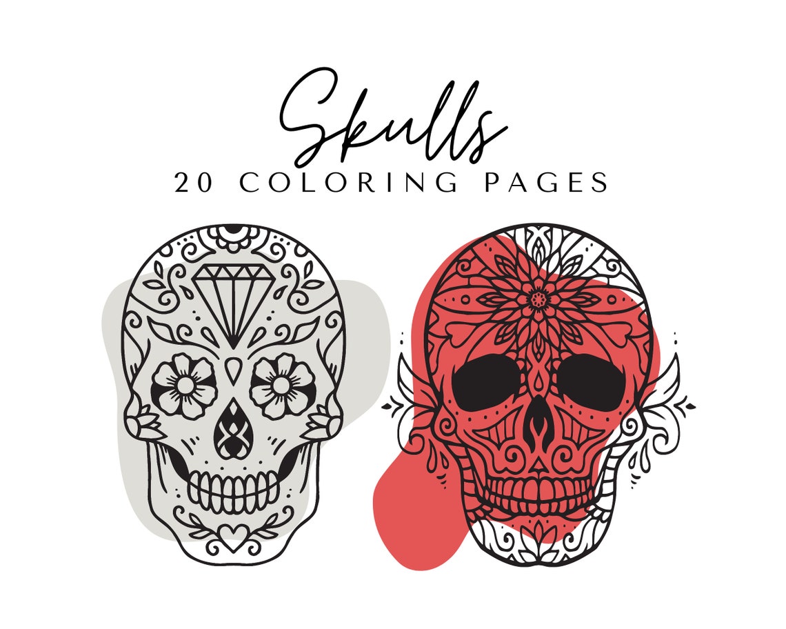 Skulls Coloring Pages Printable Adult Skulls Coloring Book Etsy