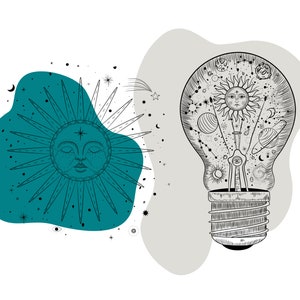 Puede incluir: Ilustraci&oacute;n en blanco y negro con elementos celestiales. Un sol con los ojos cerrados y rayos radiantes se encuentra sobre una mancha turquesa. Una bombilla contiene un sol, planetas, estrellas y constelaciones. Dise&ntilde;o m&iacute;stico y c&oacute;smico.