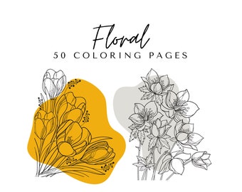 Puede incluir: Ilustraciones en blanco y negro de dos tipos diferentes de flores. La primera flor es un crocus con un fondo amarillo. La segunda flor es una eléboro con un fondo gris. El texto "Floral 50 Coloring Pages" está en la parte superior de la imagen.