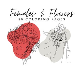Puede incluir: Impresión de arte digital titulada "Females & Flowers" con 20 páginas para colorear. El diseño presenta dos ilustraciones de línea de rostros de mujeres adornados con flores, sobre formas abstractas rojas y grises. El texto está en una fuente elegante.