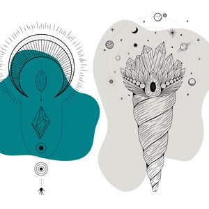 Puede incluir: Dos ilustraciones en blanco y negro sobre fondo blanco. Una presenta una luna creciente con un diamante y una mancha turquesa. La otra muestra una corona de cristal sobre una forma espiral con planetas y estrellas, sobre una mancha gris.