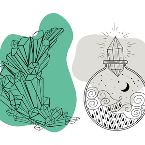 Puede incluir: Ilustraci&oacute;n en blanco y negro con un grupo de cristales y una botella de poci&oacute;n. La botella contiene un cristal, estrellas, una luna creciente y nubes estilizadas. El fondo incluye formas turquesas y grises.