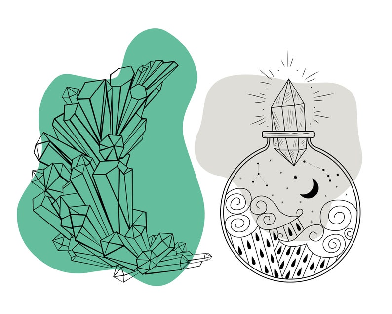 Puede incluir: Ilustraci&oacute;n en blanco y negro con un grupo de cristales y una botella de poci&oacute;n. La botella contiene un cristal, estrellas, una luna creciente y nubes estilizadas. El fondo incluye formas turquesas y grises.