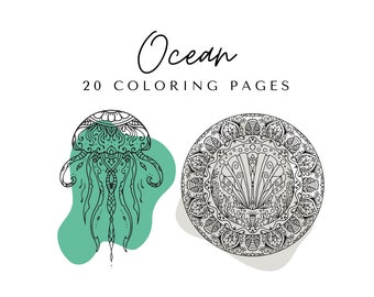 May include: A black and white coloring page set with the text "Ocean 20 Coloring Pages". The set includes a mandala design with a seashell in the center and a jellyfish with intricate details.