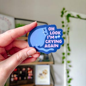 May include: A blue and pink sticker with a cartoon cat and the text "Oh look I'm crying again".