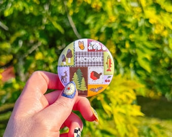 Michigan Button Pin | Flair | Robin | Pine Trees | Cherry Apple Blossom | Monarch | Trout | Deer | Midwest | Mitten Girl Best Friend Woman