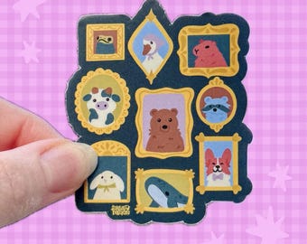 Whimsical Animals Portrait Frames Sticker | Creatures | Silly Goose | Critters | Vinyl | Frog Capybara Cow Bear Corgi Bunny Whale Racoon