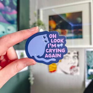 May include: A blue and pink sticker with a cartoon cat and the text "Oh look I'm crying again".