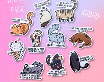 Funny Disability AuDHD Cats Sticker Pack| Reader | Humor Kitty | laptop sticker| phone decal | Hidden Disability | Neurodivergent | ASD ADHD