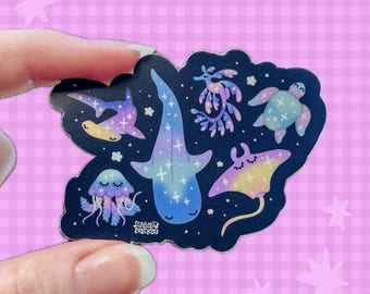 Celestial Ocean Sticker | Sea Creatures | Colorful Abstract |  Seahorse Turtle Stingray Jellyfish Shark Whale | Magic | Vinyl | Animals
