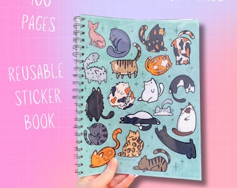 XL Large Reusable Sticker Book | 11 x 8.5 | Silly Cats | Kitten Cat | Gift | Collection Album | Storage | Pet Owner Tabby Tuxedo Orange