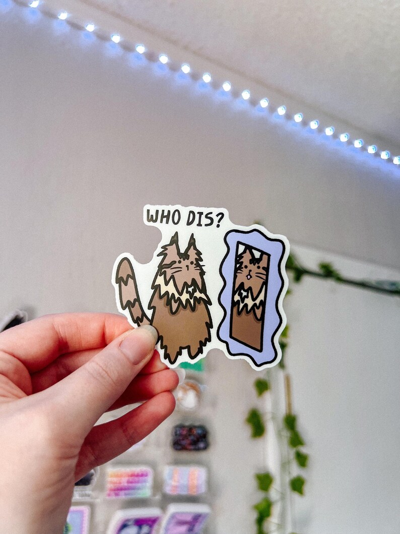 May include: A brown and white cat sticker with the text "WHO DIS?" looking at its reflection in a blue mirror sticker.