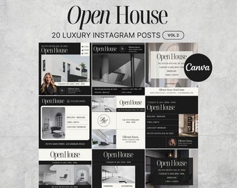 May include: A set of 20 black and white Instagram post templates for real estate open houses. The templates feature a minimalist design with black text on a white background. The text includes the address, date, time, and price of the open house. The templates also include a photo of the house and a logo for the real estate agent.